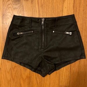 Black worn leather silver zipper short shorts